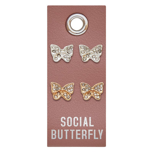 Social Butterfly Silver and Gold Rhinestone Stud Earrings Set | 2 Pairs on a Gift Tag