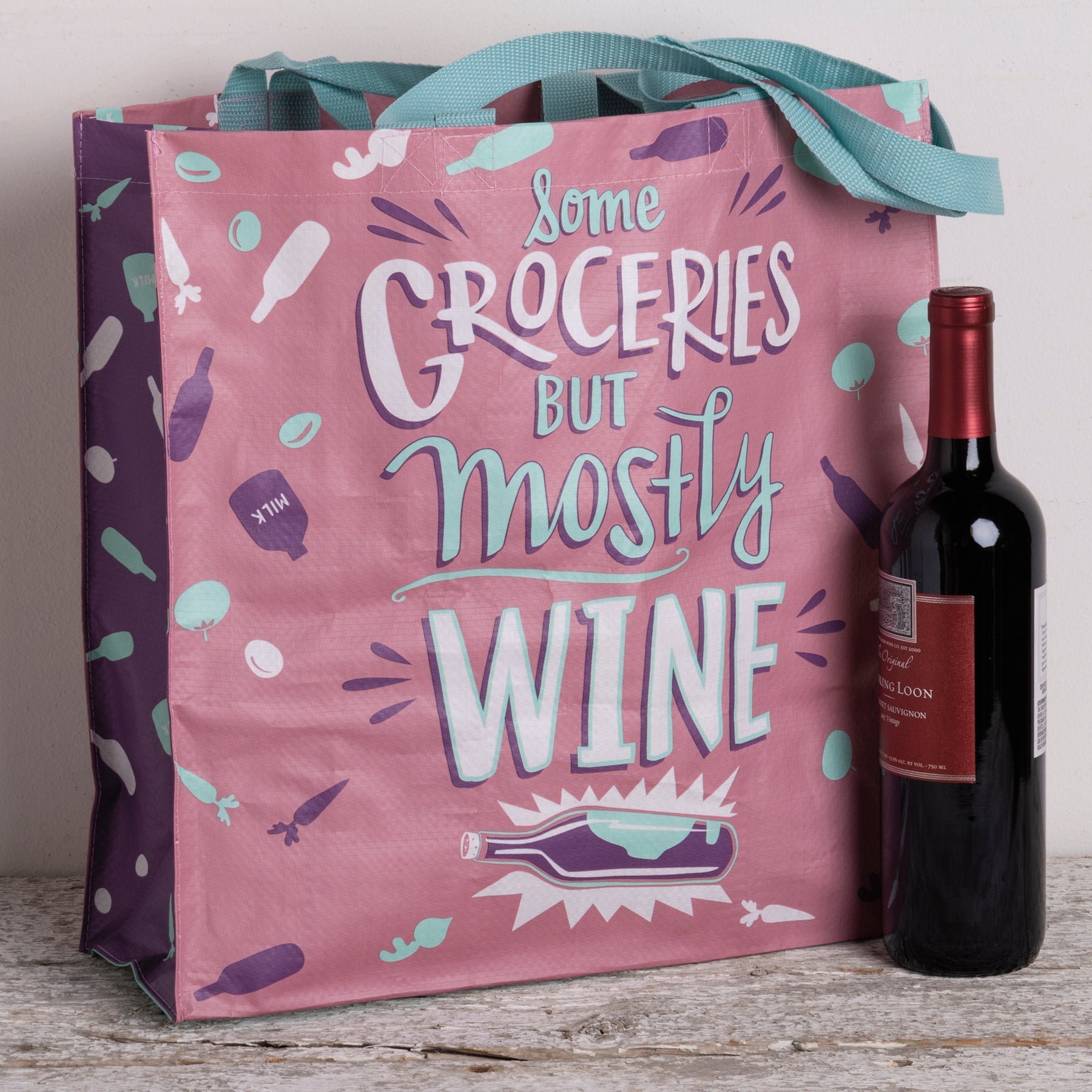 Some Groceries But Mostly Wine Large Market Tote Bag in Pink and Blue | 15.50" x 15.25" x 6"