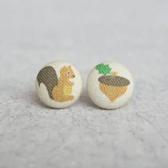 Squirrel and Acorn Fabric Button Earrings | Handmade in the US