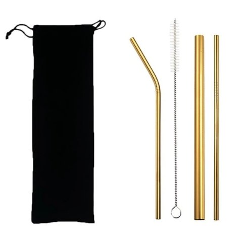 Stainless Steel Eco Straw Set with Brush & Bag | Straw Kit with 3 Straws, Brush, and Bag