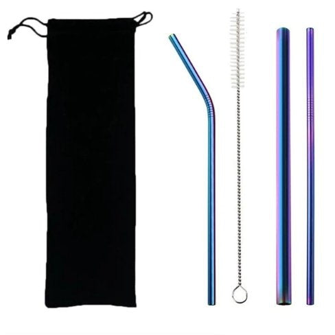 Stainless Steel Eco Straw Set with Brush & Bag | Straw Kit with 3 Straws, Brush, and Bag