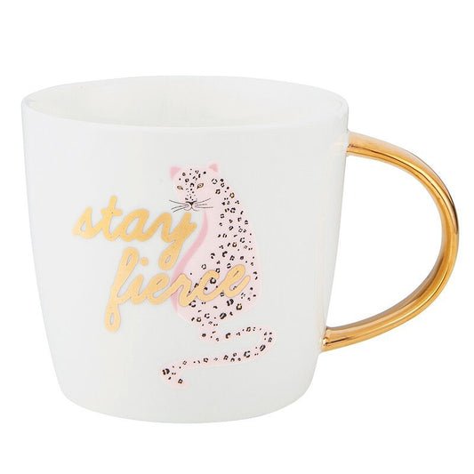 Stay Fierce Coffee Mug with Gold Lettering | 14 oz | Curved Gold Handle