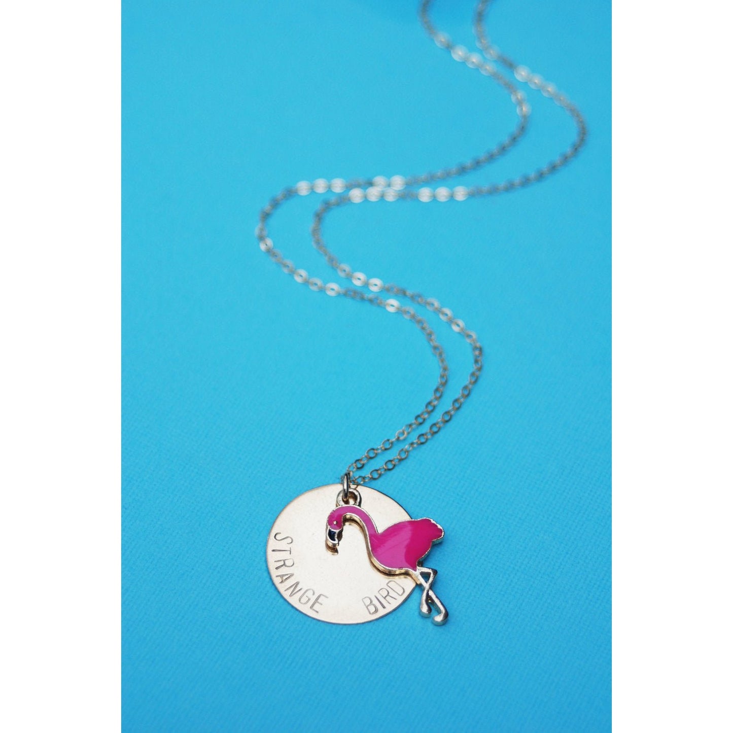 Strange Bird Stamped Flamingo Necklace in Brass or Silver