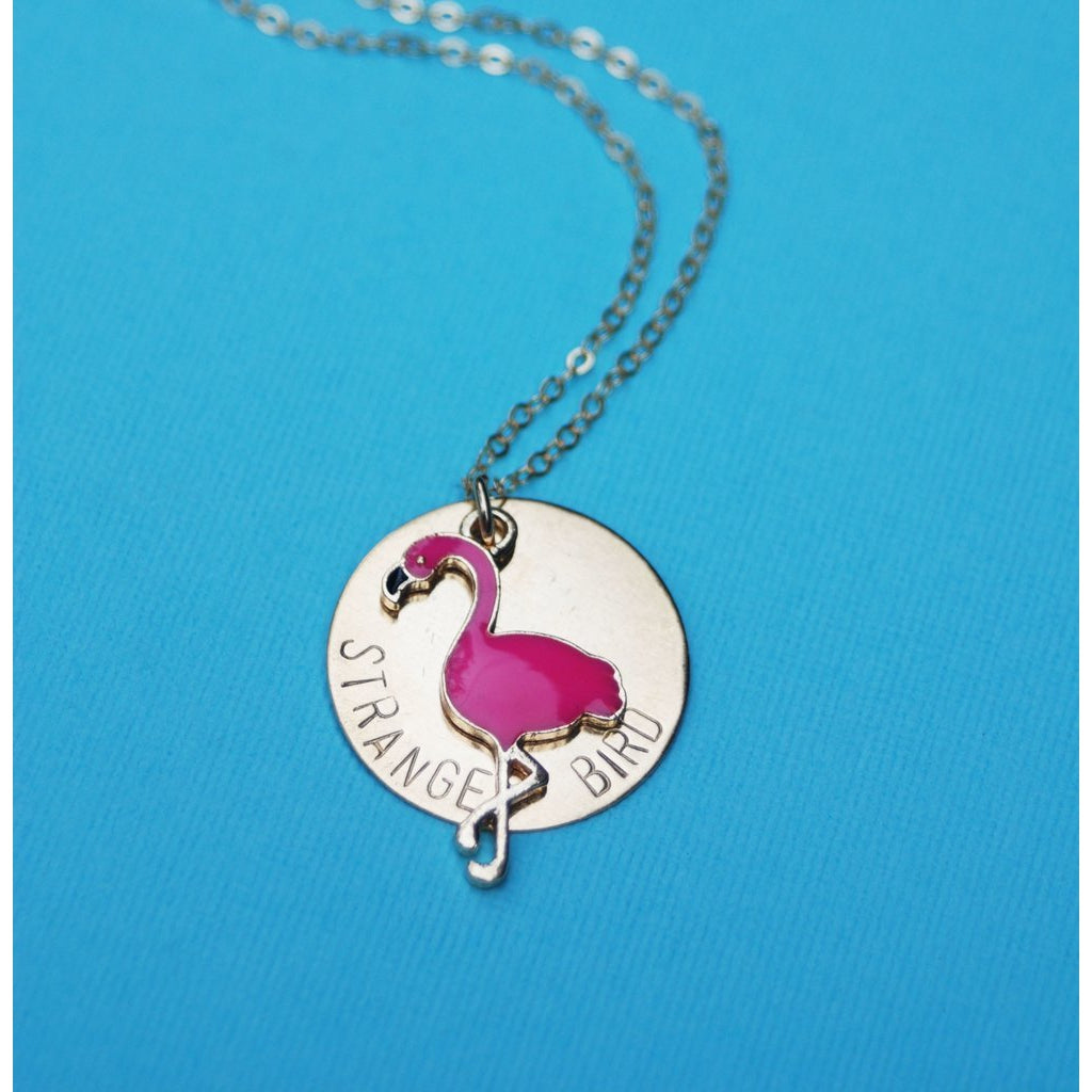 Strange Bird Stamped Flamingo Necklace in Brass or Silver