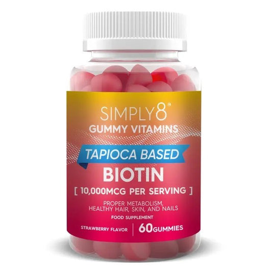 Strawberry Flavor Biotin Gummies | Vegan | Tapioca and Pectin Based B7 Vitamin Supplement for Hair, Nails and Skin | 10000 MCG | Kosher + Halal + Gluten Free