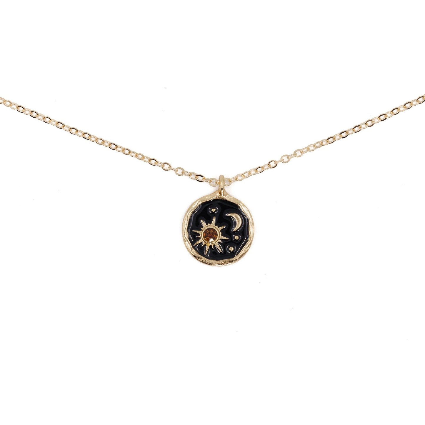 Sun and Moon Celestial Pendant Necklace in Black and Gold