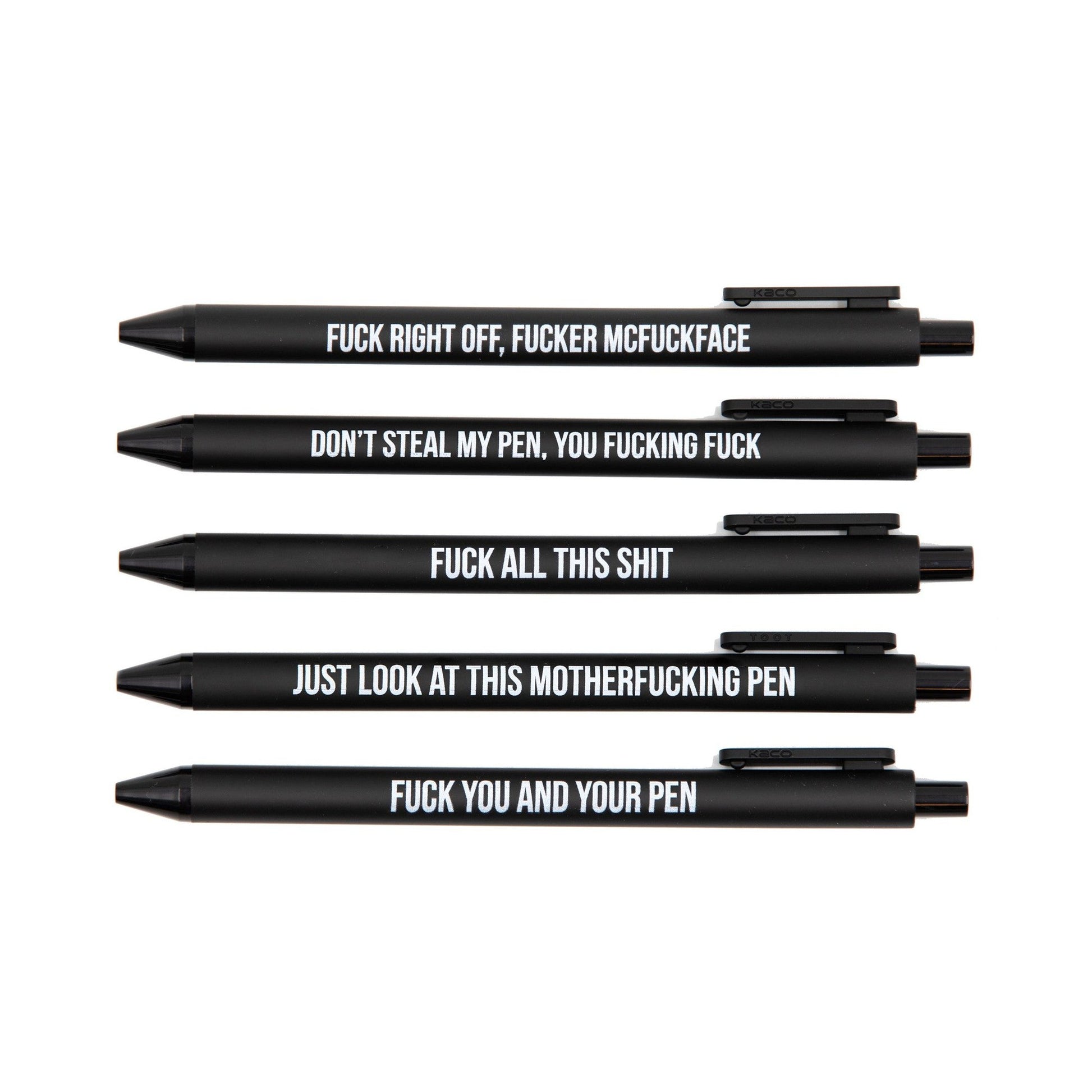 Sweary Fuck Pens Cussing Pen Gift Set - 5 Black Gel Pens Rife with Profanity by The Bullish Store