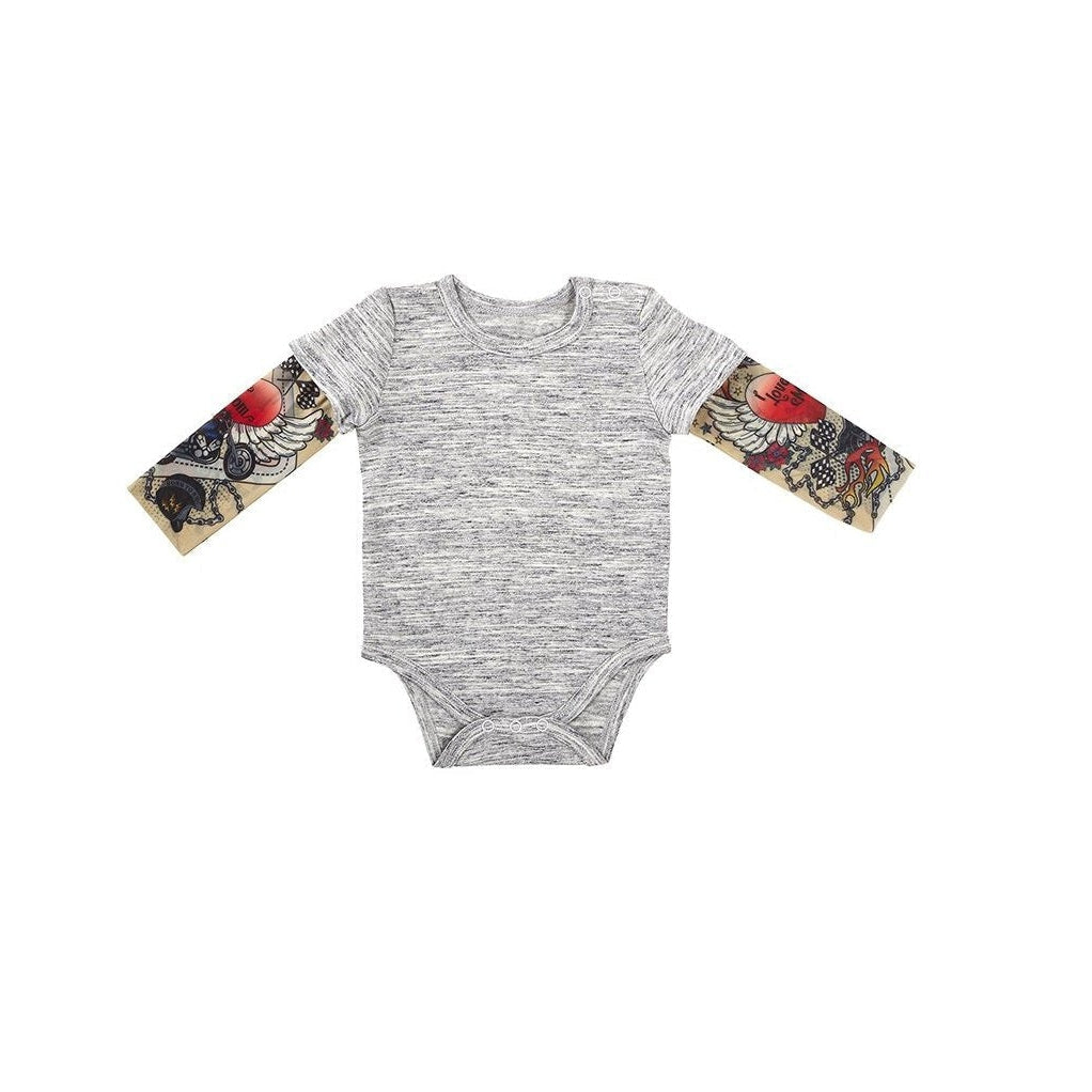Tattoo Snapshirt Baby Bodysuit in Gray | Unisex Size 6-12 Months | Funny Full Sleeve Tattoo Infant Shirt