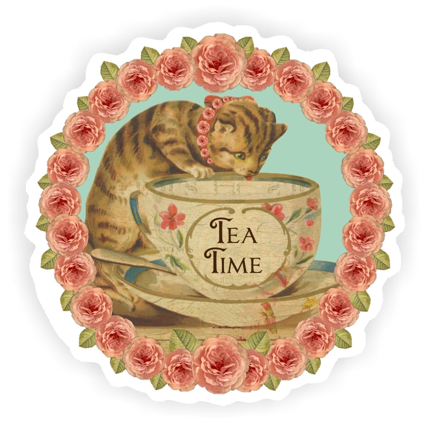 Tea Time Cat and Flowers Sticker | Vintage Design | Dishwasher Safe Vinyl