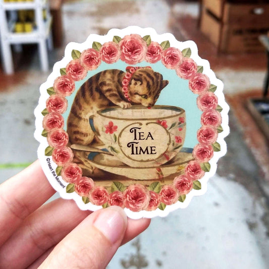 Tea Time Cat and Flowers Sticker | Vintage Design | Dishwasher Safe Vinyl