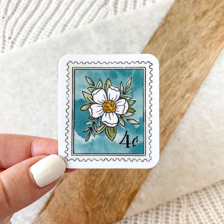 Teal Blue Antique Floral Stamp Sticker | 2" x 1.5"