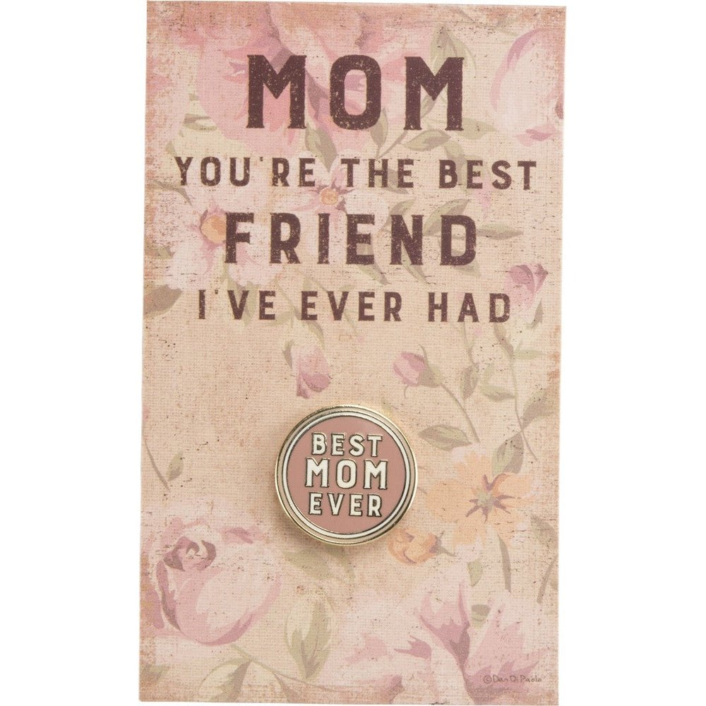 The Best Mom Ever Round Pink Enamel Pin on Gift Card