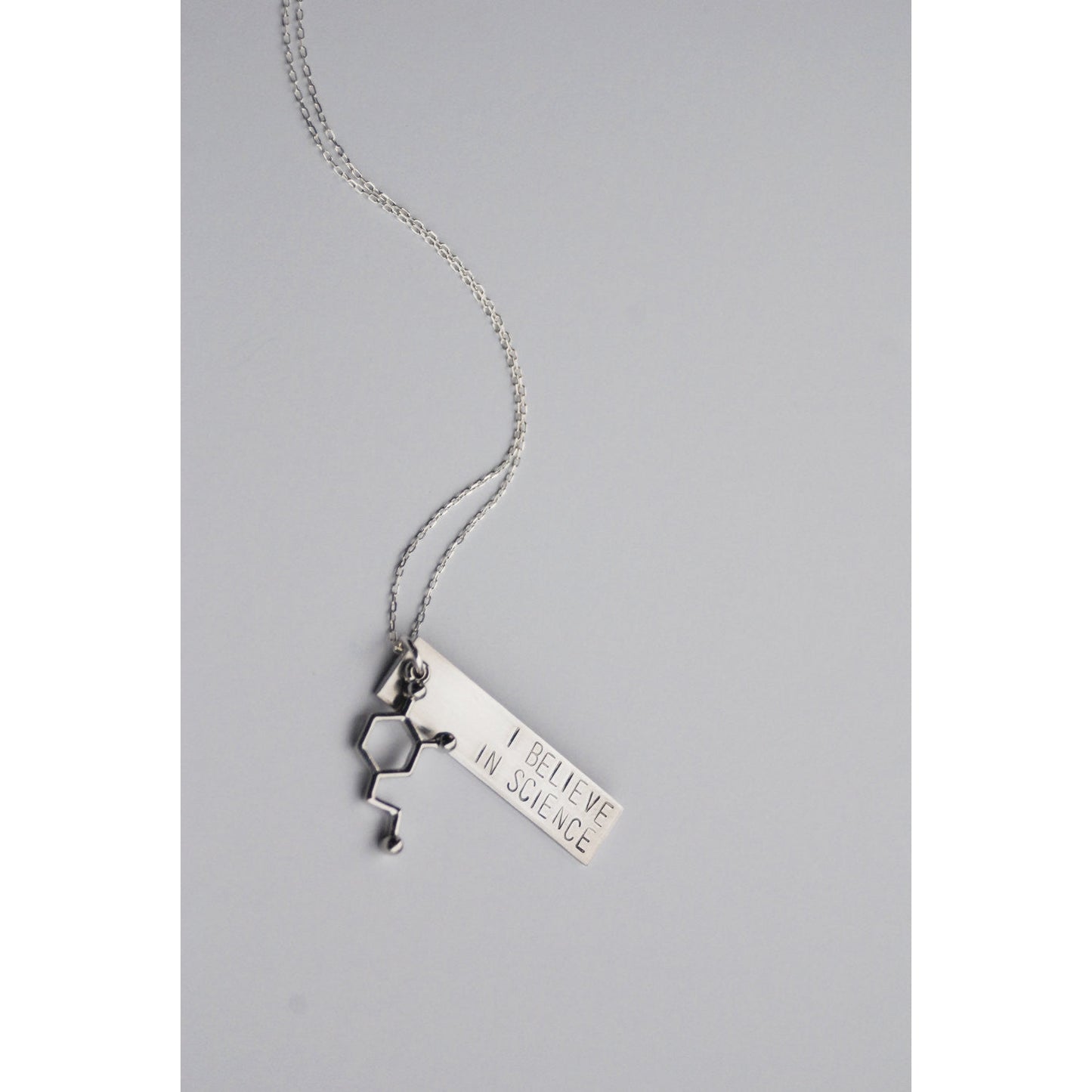 The Betty Collection: I Believe in Science Molecule Necklace in Silver or Brass
