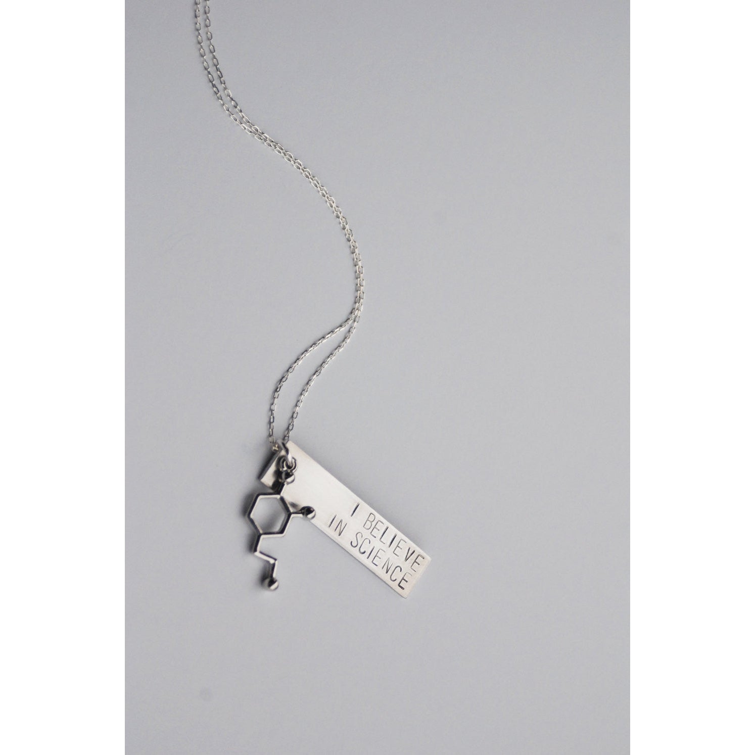 The Betty Collection: I Believe in Science Molecule Necklace in Silver or Brass