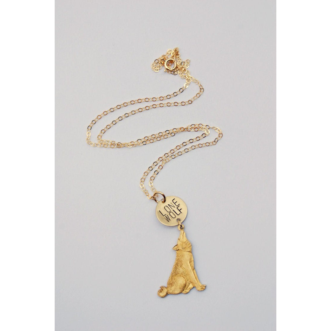The Betty Collection: Lone Wolf Stamped Necklace With Wolf Charm in Gold or Silver