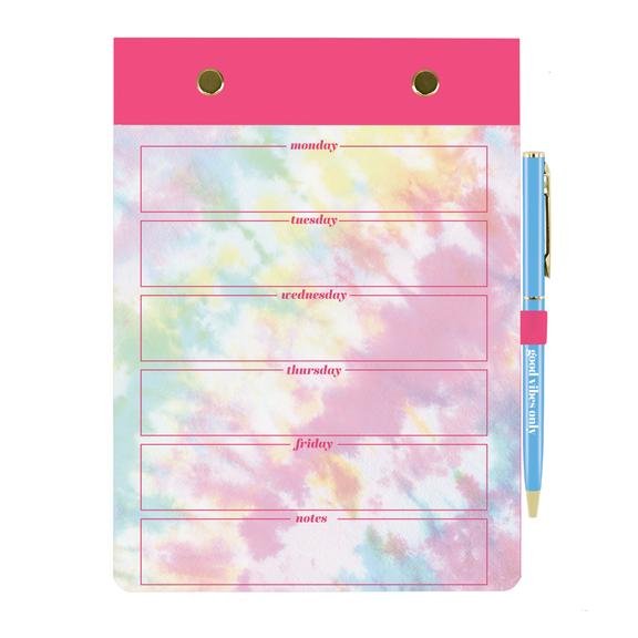 Tie Dye Weekly Notepad And Pen Gift Set | 5.5" x 7.5" | Pen Reads "Good Vibes Only"