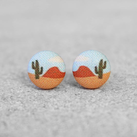 Tiny Desert Cactus Fabric Button Earrings | Handmade in the US