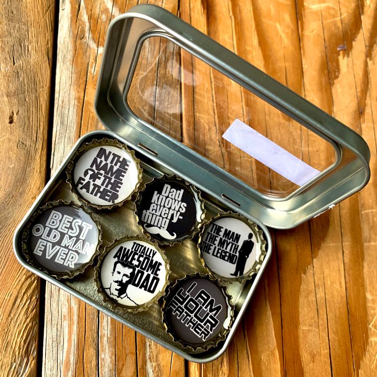 Totally Awesome Dad Magnets 6 Pack | Round Bottle-Cap Style Magnet Set in a Gift Tin