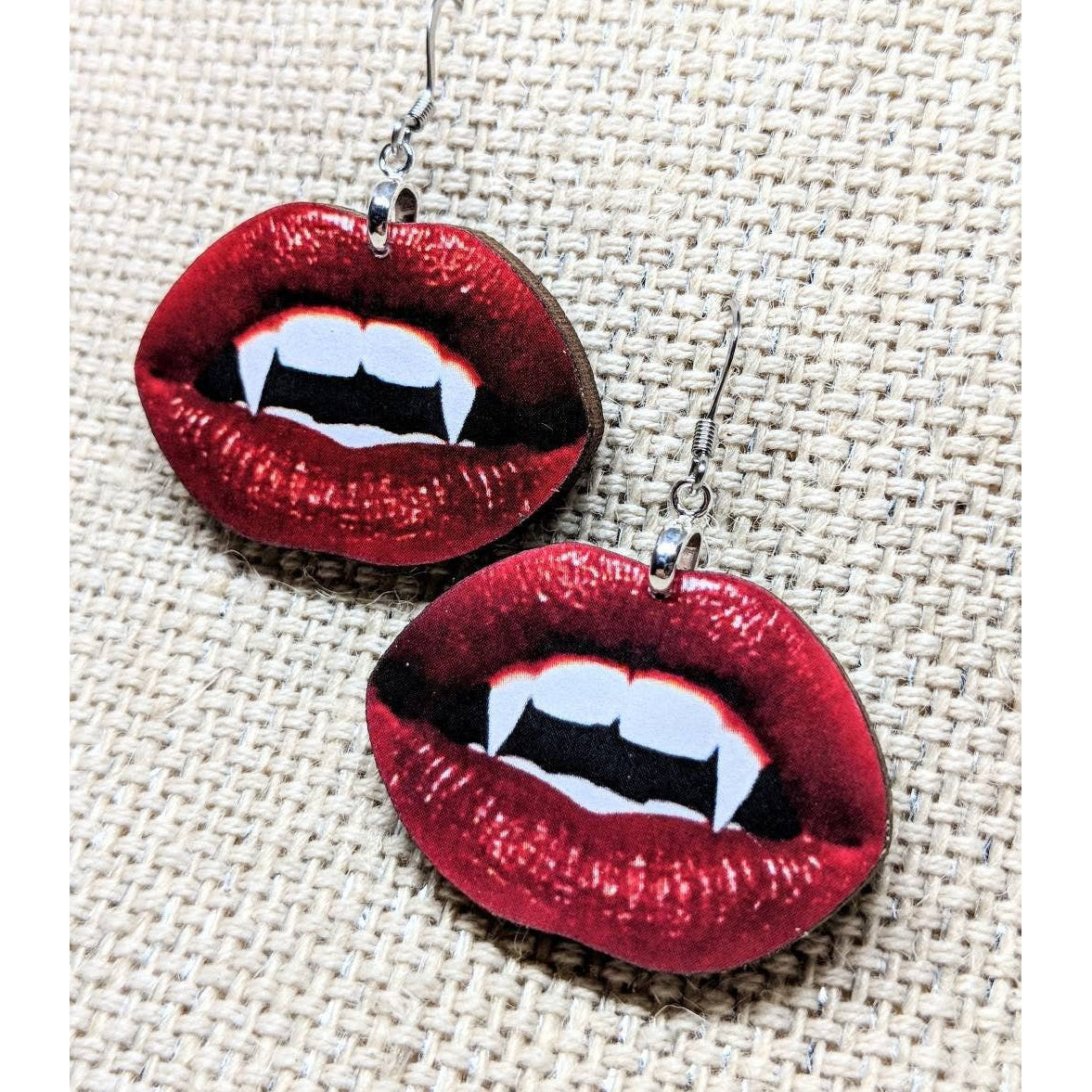 Vampire Lips Dangling Earrings | Handmade | Lightweight Wood