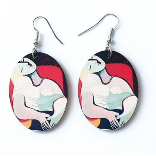 Vintage Picasso Oil Painting Drop Earrings (Abstract Image of a Woman)