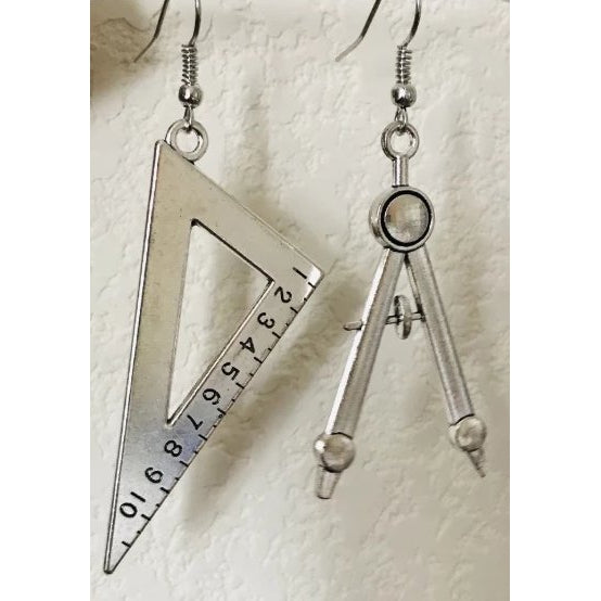 Vintage Style Compass and Protractor Set Drop Earrings