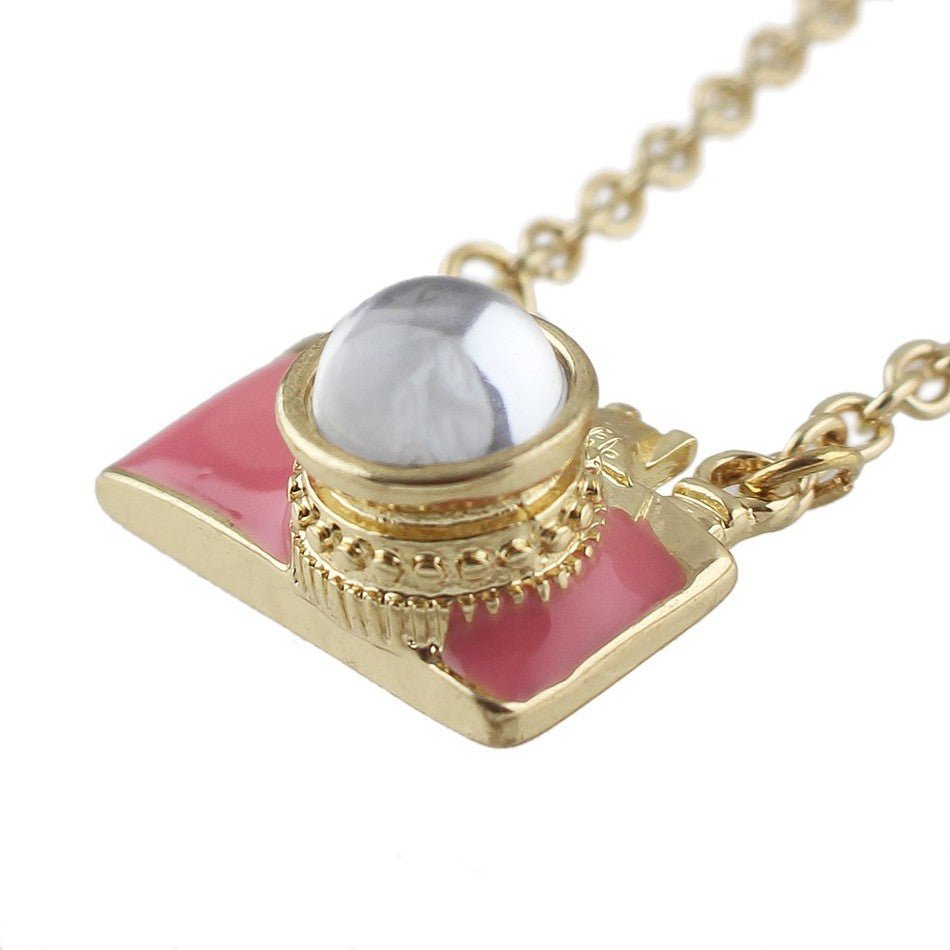 Wanderlust Camera Necklace in Pink and Gold