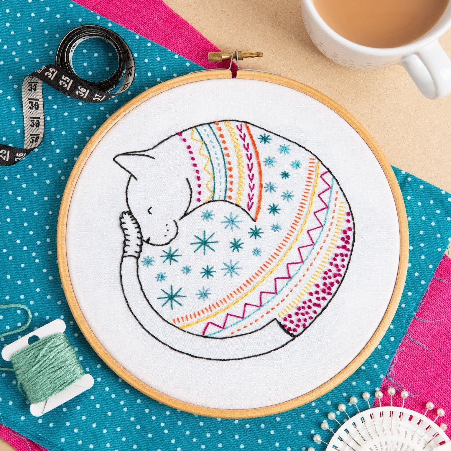 White Cat Embroidery Kit | Made in the UK