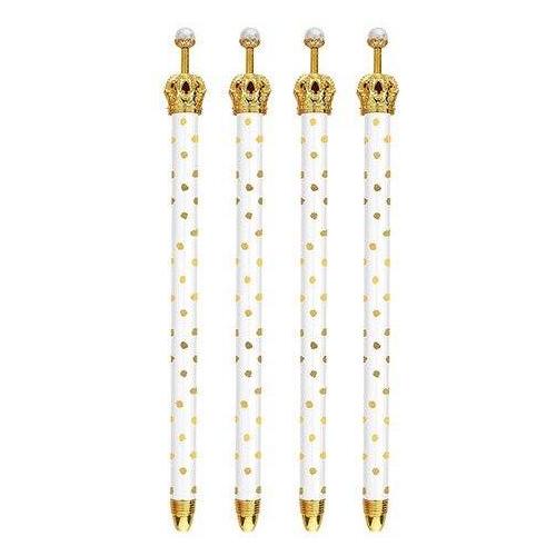 White and Gold Polka Dot Crown Pen - Set of 12 | Giftable Pens | Novelty Office Desk Supplies