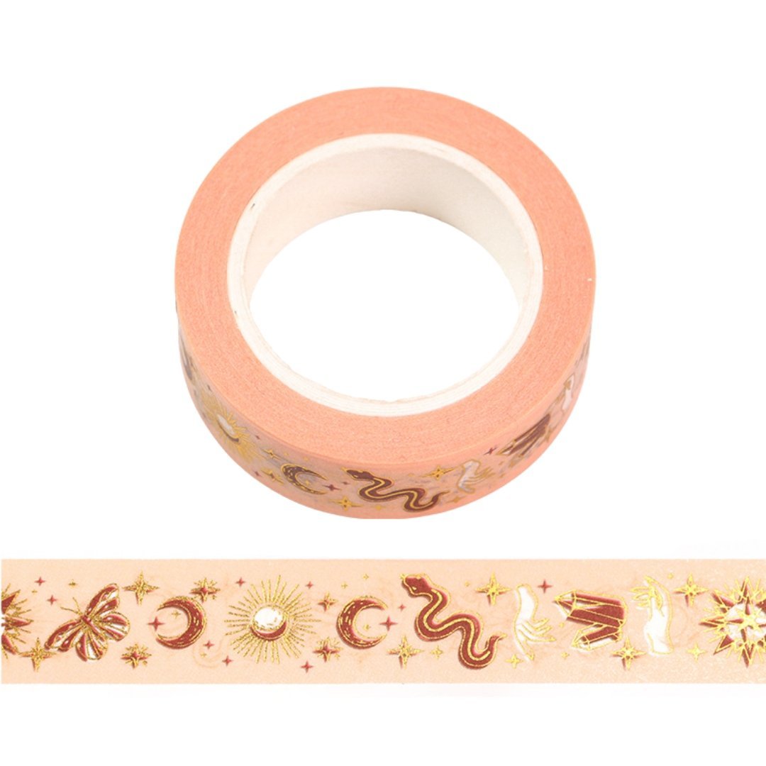 Witchy Summer Washi Tape | Snake and Crystal Motif on Peach | Gift Wrapping and Craft Tape