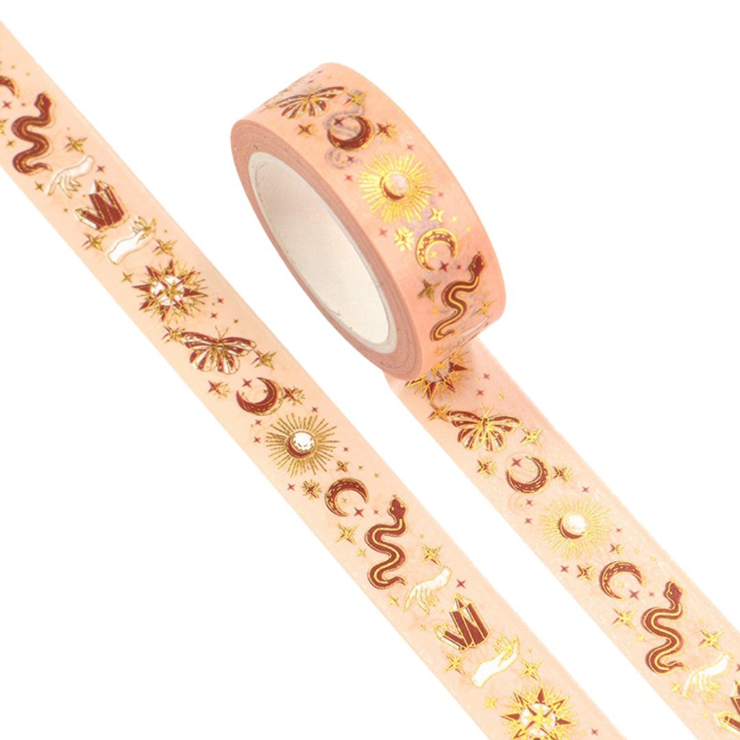 Witchy Summer Washi Tape | Snake and Crystal Motif on Peach | Gift Wrapping and Craft Tape