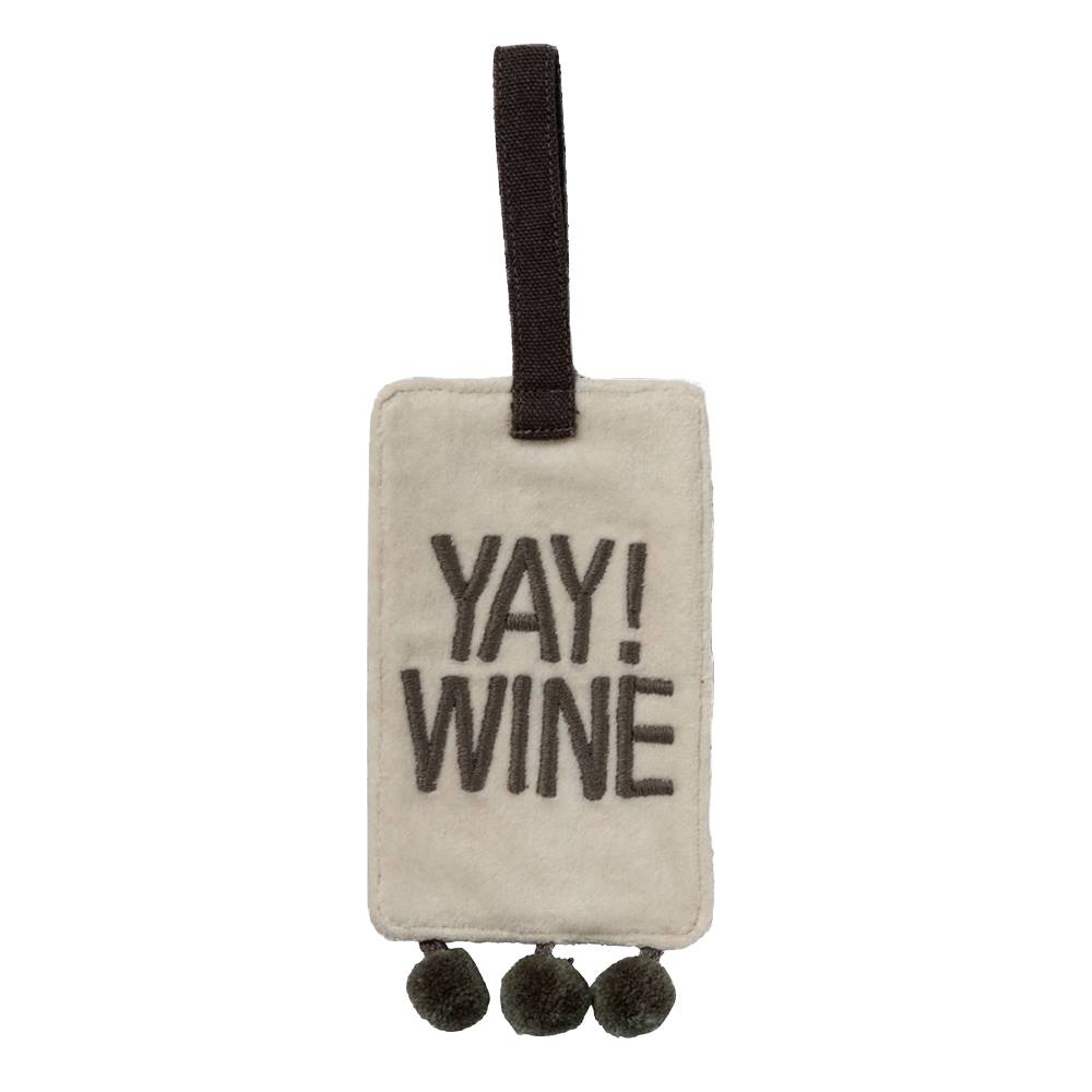 Yay! Wine Velvet Wine Bottle Tag with Pom Trim Details