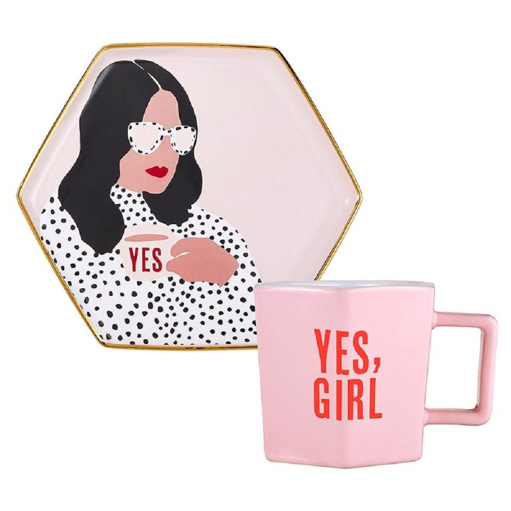 Yes, Girl Hexagon Mug & Saucer Set in Pink