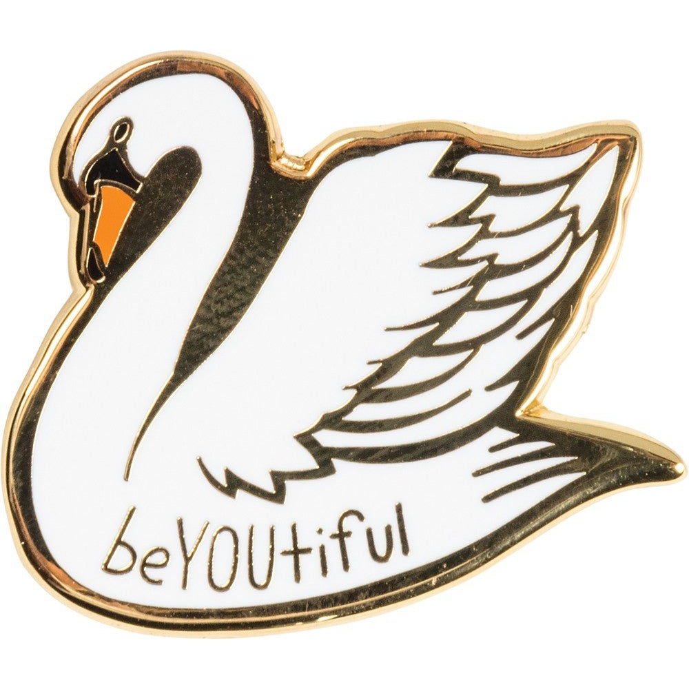 You Are Naturally Beautiful When You Are Yourself Swan Enamel Pin in White and Gold