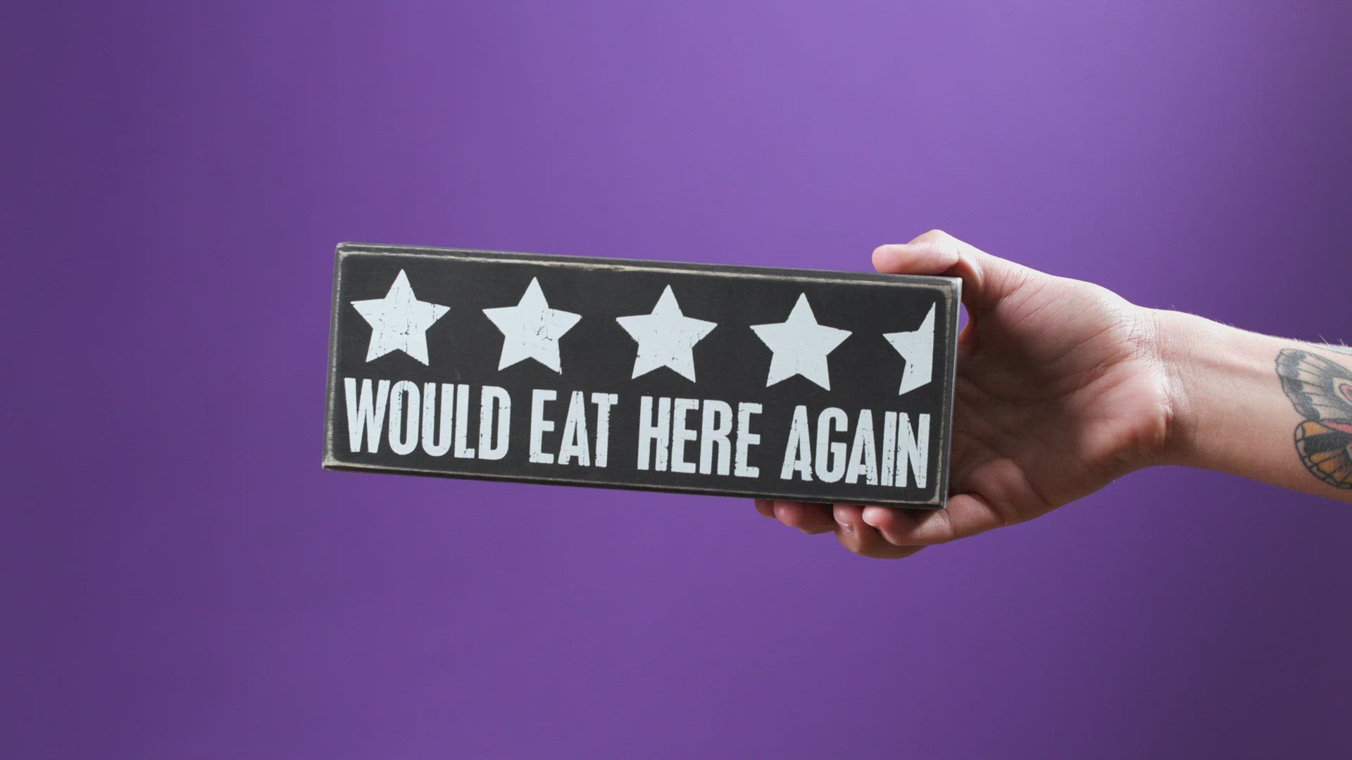 Video of Would Eat Here Again 4.5 Stars Wooden Box Sign tossed in the air