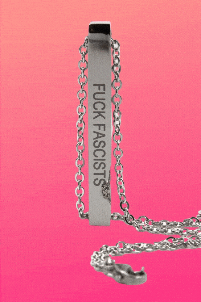 Burn the Patriarchy 🔥 Fuck Fascists Stainless Steel Bar Necklace | Minimalist Feminism Pendant Engraved on Two Sides